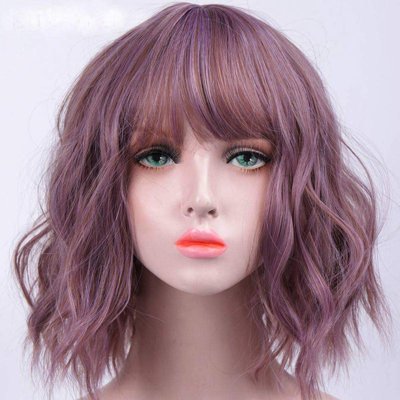 Synthetic Non Lace Front Wavy Bob Pixie Cut Length Bright Taro Purple Synthetic Hair 14 Inch Human Hair Feel Perfect Daily Wear or Cosplay