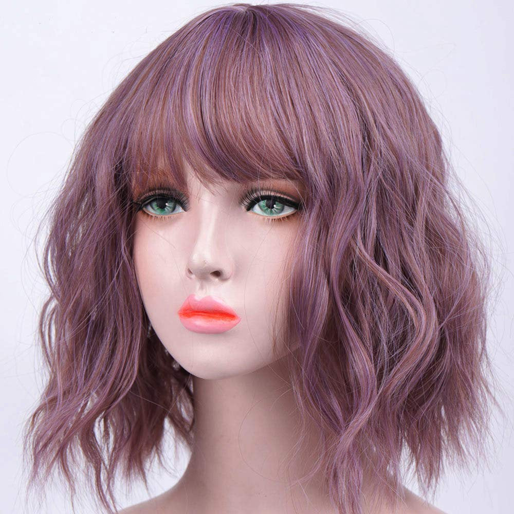 Synthetic Non Lace Front Wavy Bob Pixie Cut Length Bright Taro Purple Synthetic Hair 14 Inch Human Hair Feel Perfect Daily Wear or Cosplay