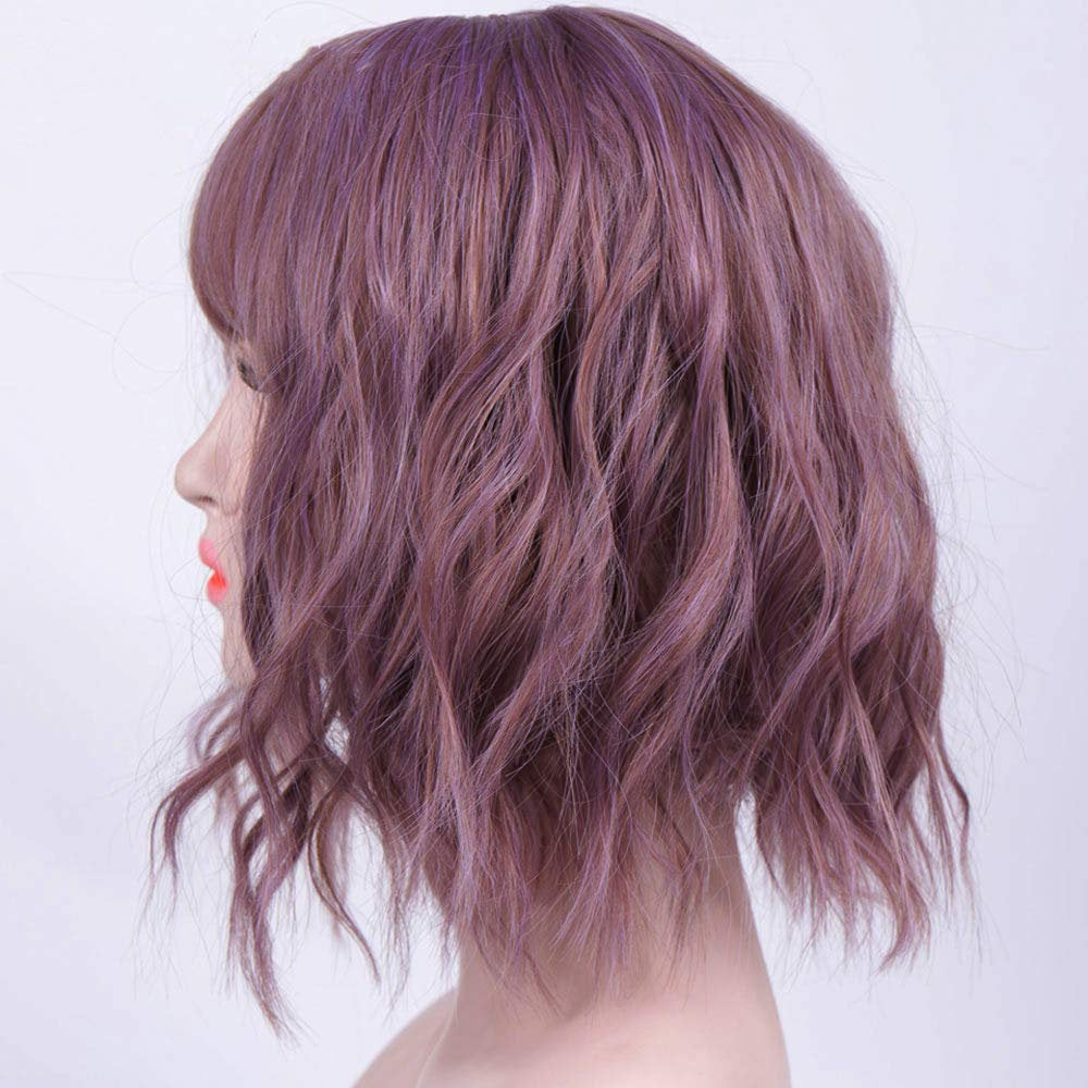Synthetic Non Lace Front Wavy Bob Pixie Cut Length Bright Taro Purple Synthetic Hair 14 Inch Human Hair Feel Perfect Daily Wear or Cosplay