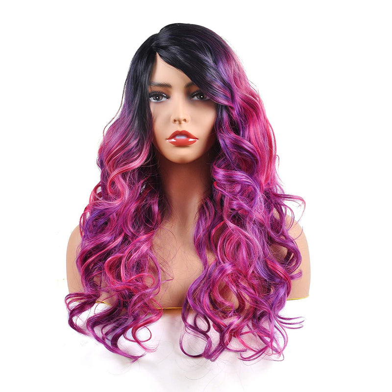 Beautiful Unique Natural Looking | Magenta Purple Pink Mixed Ombre | Hand Dyed 26" | Human Hair Look and Feel Trendy Wig | Non  Lace Wig