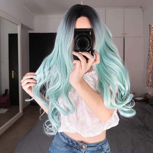 Chocolate Chip Mint Green Middle Part Ombre Wig 26" | Trendy Wig | Synthetic Top Quality Heat Resistant Fiber | Human Hair Look and Feel