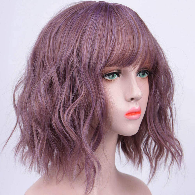 Synthetic Non Lace Front Wavy Bob Pixie Cut Length Bright Taro Purple Synthetic Hair 14 Inch Human Hair Feel Perfect Daily Wear or Cosplay