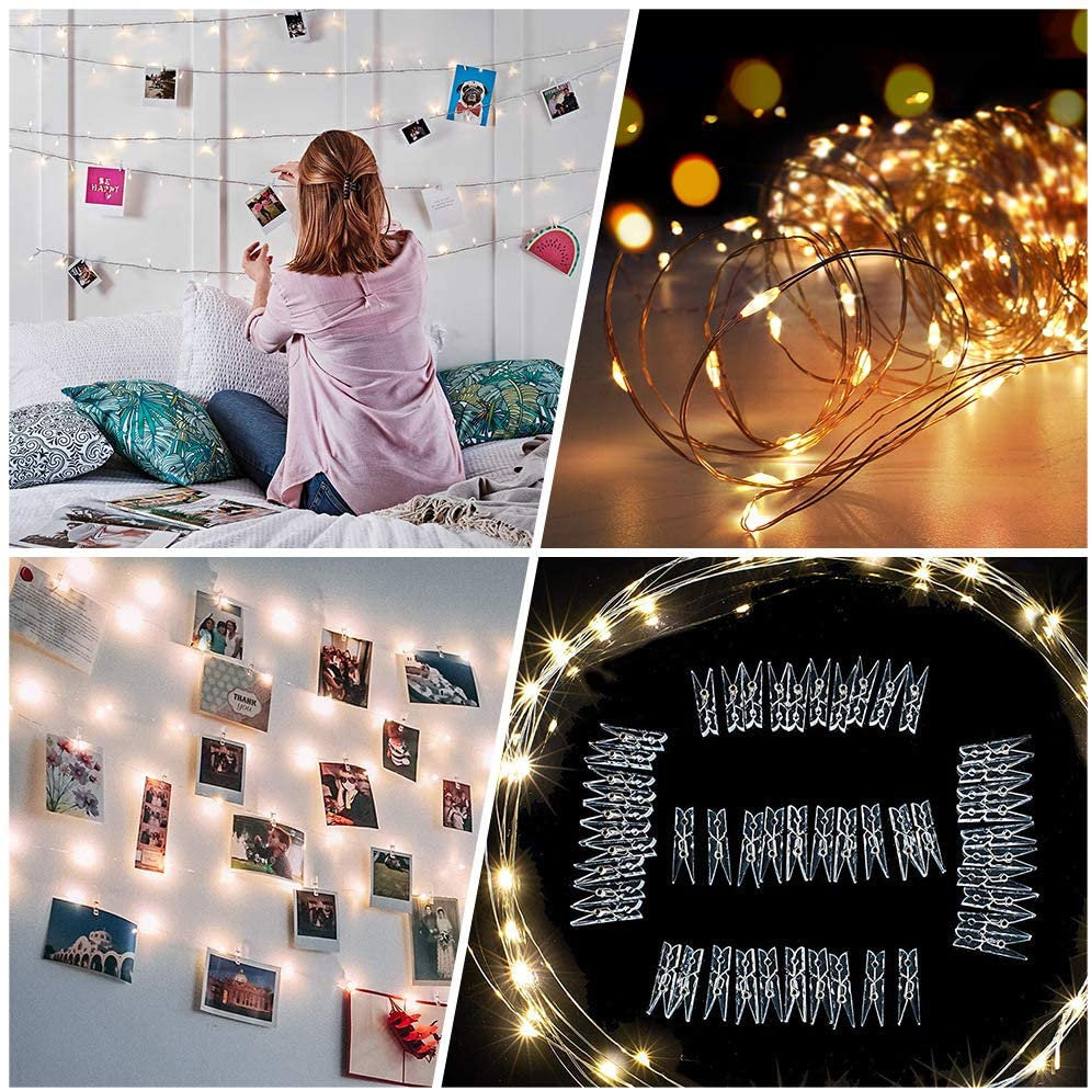 LED Fairy String Lights 17 Ft with 50 Lights & 50 Photo Clips Remote 8 Modes Hang Photos Pictures Bedroom Decoration USB Operated Warm White
