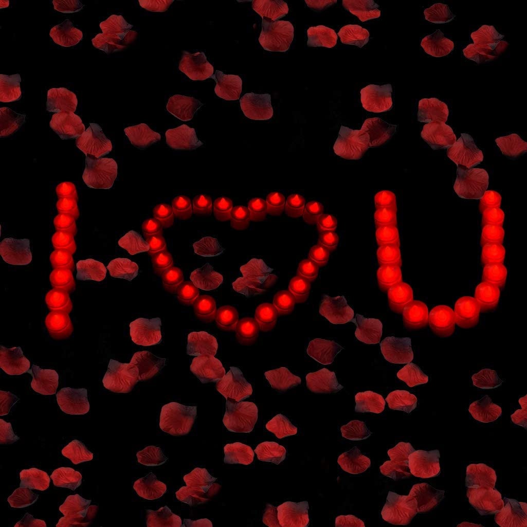 24 LED Tea Light Candles Realistic Flameless Tealight Candle and 1000 Pcs Artificial Dark Red Silk Rose Petals, Ideal for Valentine&#39;s Day