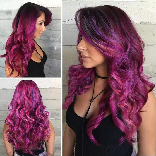 Beautiful Unique Natural Looking | Magenta Purple Pink Mixed Ombre | Hand Dyed 26" | Human Hair Look and Feel Trendy Wig | Non  Lace Wig