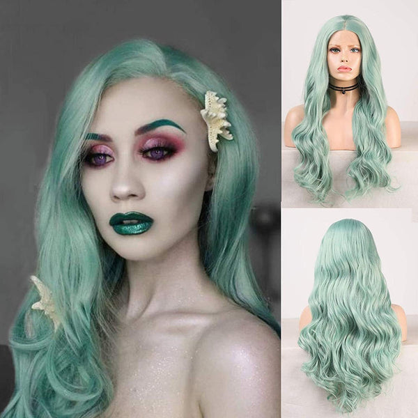 Mint Green Lace Front 150% Density Middle Part Pre Plucked Glue-less Half Hand Tied Cosplay Wig 24" | Trendy Wig | Human Hair Look and Feel