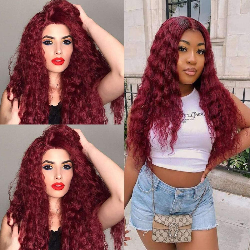 Ombre Burgundy Color with Black Roots No Lace Full Machine Made Wine Red Wig 24 Inch
