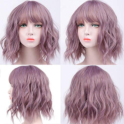 Heather Purple Wig |  14" Wavy Layered Wig with Curtain Bangs | Heat Friendly Synthetic Wig | Human Hair Feel | Make Trendy Cat Ear Buns