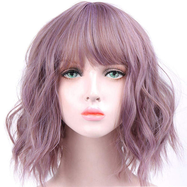 Heather Purple Wig |  14" Wavy Layered Wig with Curtain Bangs | Heat Friendly Synthetic Wig | Human Hair Feel | Make Trendy Cat Ear Buns
