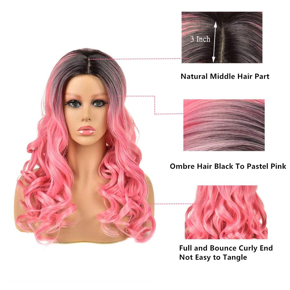 Natural Hot Ombre | Black to Hot Pink | 24" Synthetic Daily Use Cosplay Wig | Top Quality Heat Resistant Fiber | Easy Wear | Human Hair Feel