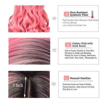 Natural Hot Ombre | Black to Hot Pink | 24" Synthetic Daily Use Cosplay Wig | Top Quality Heat Resistant Fiber | Easy Wear | Human Hair Feel