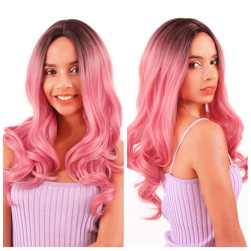 Natural Hot Ombre | Black to Hot Pink | 24" Synthetic Daily Use Cosplay Wig | Top Quality Heat Resistant Fiber | Easy Wear | Human Hair Feel