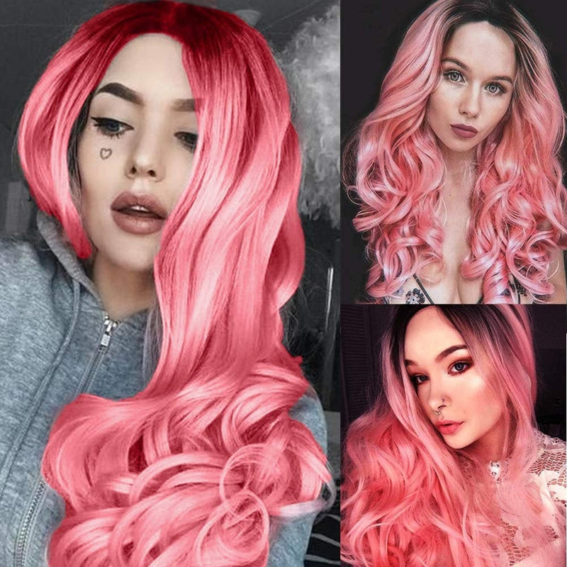 Natural Hot Ombre | Black to Hot Pink | 24" Synthetic Daily Use Cosplay Wig | Top Quality Heat Resistant Fiber | Easy Wear | Human Hair Feel