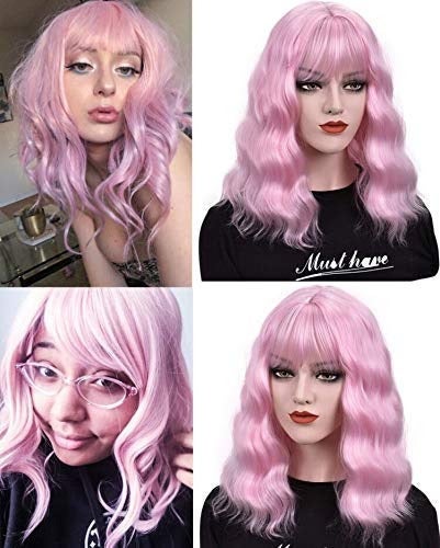 Pink Pastel | Wavy Shoulder Length Wig With Air Bangs | Trendy Wig | Top Quality Heat Resistant Fiber | Pink Wavy Synthetic Pastel Wig 12"+-