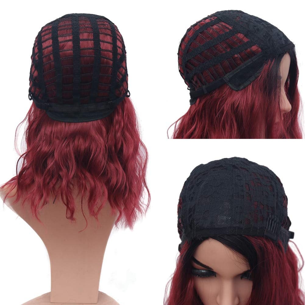 Yummy Burgundy Wine Red Black Ombre, Shoulder Length, Full Synthetic Wig, Human Hair Feel, Fascinating Maroon, Wine, Burgundy Ombre Wig