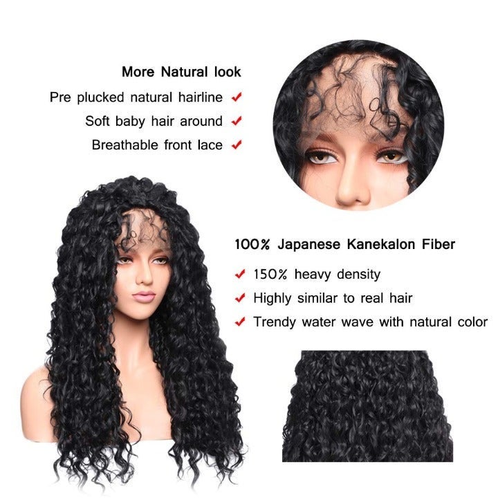 SALE ITEM - On Clearance FINAL Sale Corn Wave Natural Black Synthetic Lace Front 24" Free Parting Pre Plucked Water Wave Wet Look Glueless