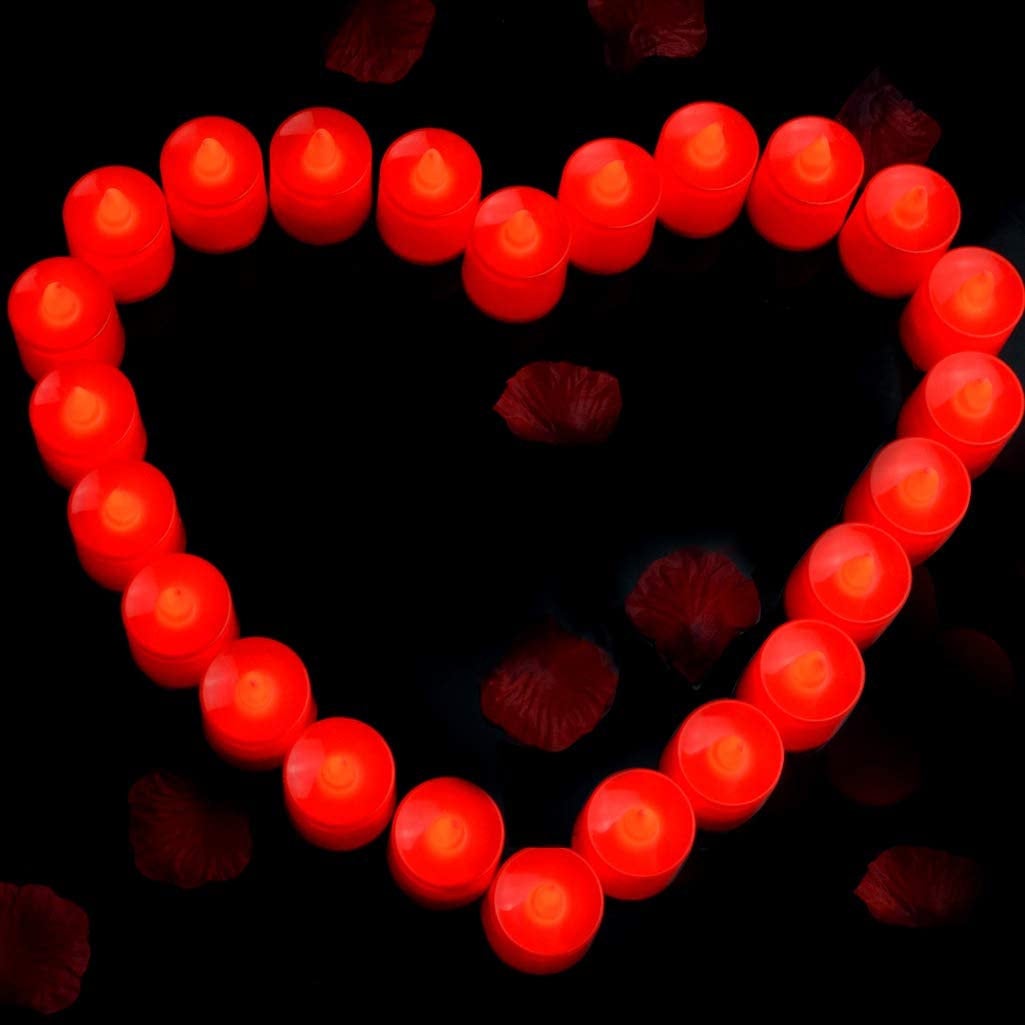 24 LED Tea Light Candles Realistic Flameless Tealight Candle and 1000 Pcs Artificial Dark Red Silk Rose Petals, Ideal for Valentine&#39;s Day