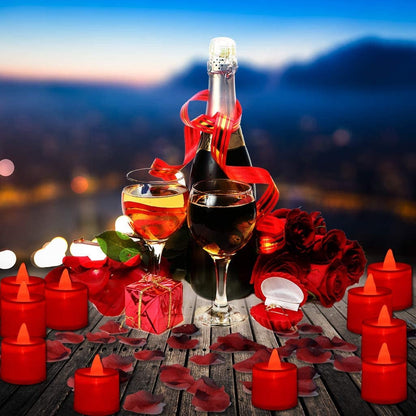 24 LED Tea Light Candles Realistic Flameless Tealight Candle and 1000 Pcs Artificial Dark Red Silk Rose Petals, Ideal for Valentine&#39;s Day