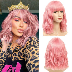 Dusty Rose Pink 14" Wig with Air Bangs, Hand Dyed Synthetic Water Wave Wig, Anime Cosplay Hair, Pink Medium Shoulder Length Synthetic Hair
