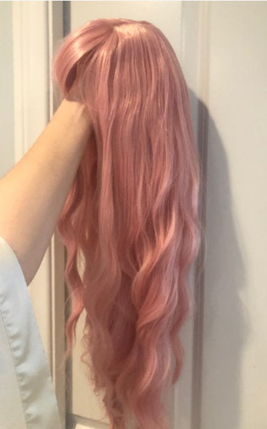Trendy Wig Dusty Rose Pink Wavy Wig with Bangs Hand Dyed Synthetic 26" Wig