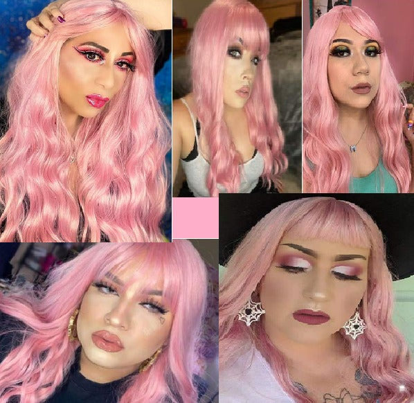 Trendy Wig Dusty Rose Pink Wavy Wig with Bangs Hand Dyed Synthetic 26" Wig