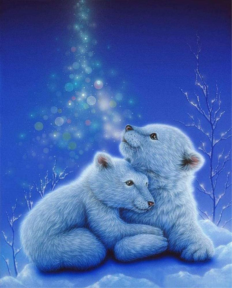 Polar Bear Cubs in Snow | Partial Drill Round Diamond 8&quot;x10&quot; | DIY 5D Diamond Art Full Drill Embroidery Painting Kit | Home Wall Art Décor