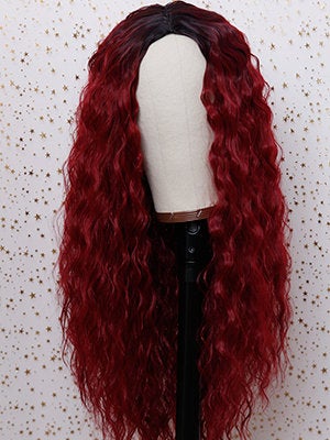 Ombre Burgundy Color with Black Roots No Lace Full Machine Made Wine Red Wig 24 Inch