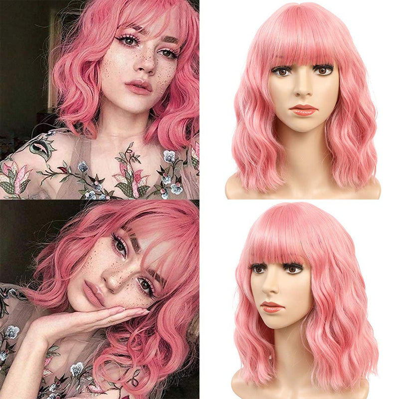Dusty Rose Pink 14" Wig with Air Bangs, Hand Dyed Synthetic Water Wave Wig, Anime Cosplay Hair, Pink Medium Shoulder Length Synthetic Hair