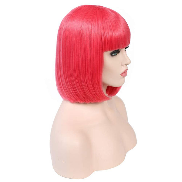 Bright Salmon Pink Straight Bob with Straight Bangs Hand Dyed Synthetic 12" Wig