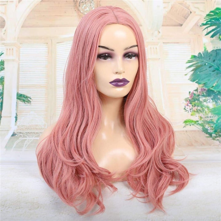 Rose Gold Pink, Graceful Natural Straight, Mermaid Replacement, 24" Soft Rose Pink Luxury Women Wig, Synthetic Heat Safe Fiber Wig for Women
