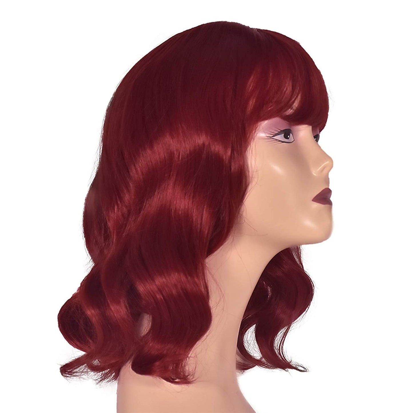 Wine Red Shoulder Length Bob Full Wig with Bangs | Synthetic Top Quality Heat Resistant Fiber | Human Hair Feel