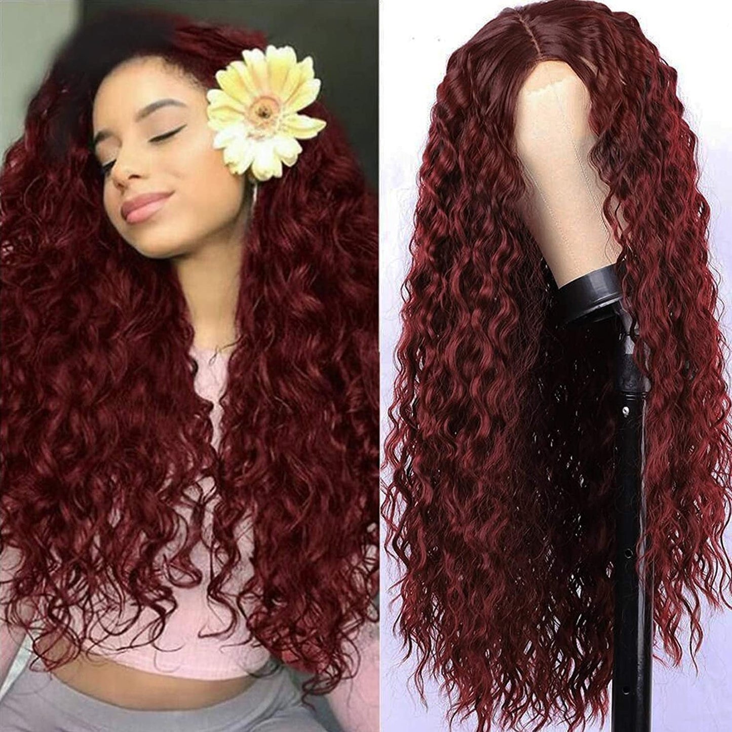 Wine Red Wavy Color # 99j 30"+/- | Lace Front Wig with Baby Hair | Trendy Wig | Synthetic Top Quality Heat Resistant Fiber | Human Hair Feel