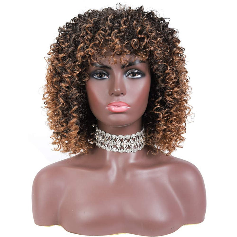 Ombre Brown Short Kinky Synthetic Afro Heat Resistant Full Curly Wig with Bangs | Wig Cap Included | Free Shipping Today