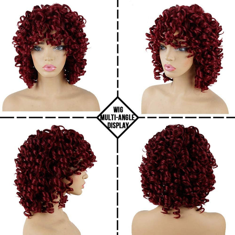 Deep Fun Fiery Red Color Short Kinky Synthetic Afro Heat Resistant Full Curly Wig with Bangs