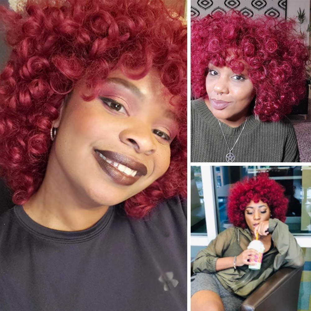 Deep Fun Fiery Red Color Short Kinky Synthetic Afro Heat Resistant Full Curly Wig with Bangs