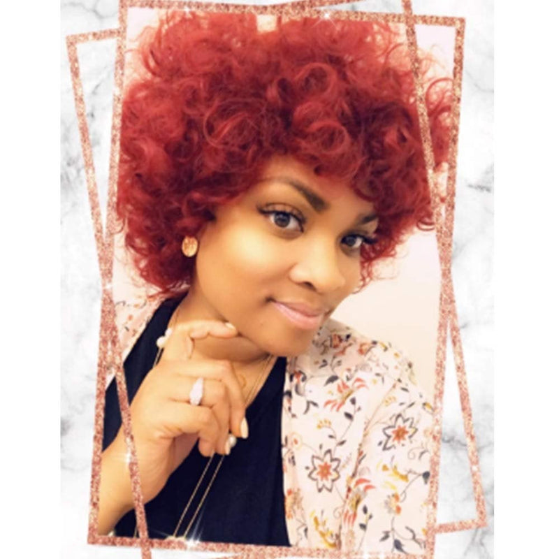 Deep Fun Fiery Red Color Short Kinky Synthetic Afro Heat Resistant Full Curly Wig with Bangs