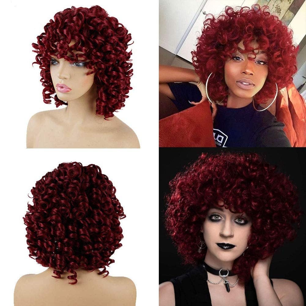 Deep Fun Fiery Red Color Short Kinky Synthetic Afro Heat Resistant Full Curly Wig with Bangs