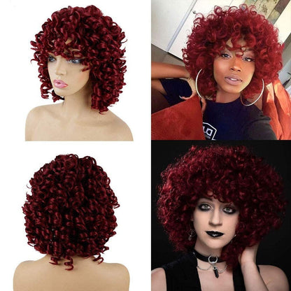 Deep Fun Fiery Red Color Short Kinky Synthetic Afro Heat Resistant Full Curly Wig with Bangs