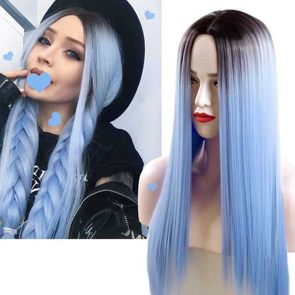 Ice Blue Queen Black Ombre | Hand Dyed | Top Quality Heat Resistant Synthetic Fiber 26"| Trendy Wig | Beautiful Daily Wear | Human Hair Feel