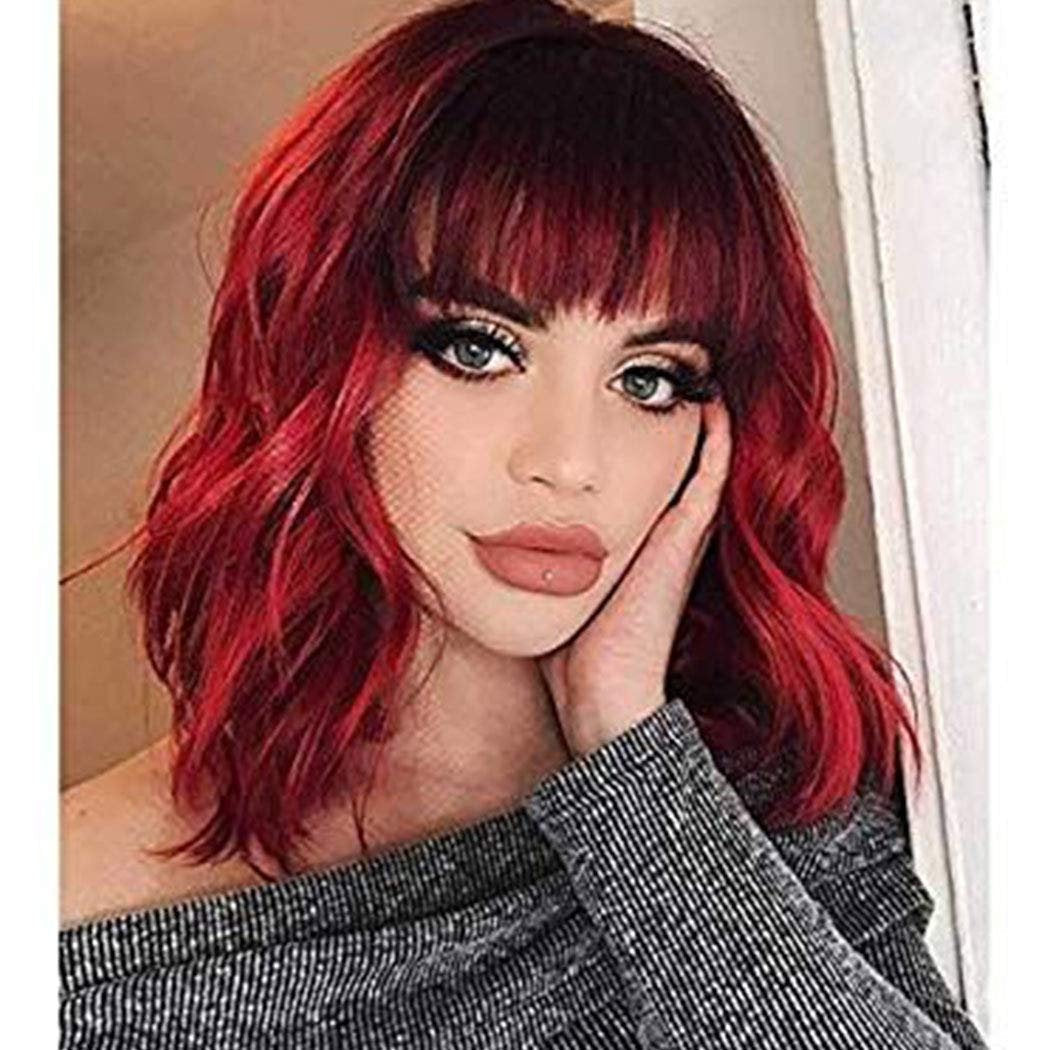 Wine Red Shoulder Length 14" Synthetic Replacement Wig with Curtain Bangs | Top Quality Heat Resistant | Natural Looking Human Hair Feel