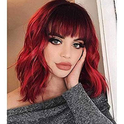 Wine Red Shoulder Length 14" Synthetic Replacement Wig with Curtain Bangs | Top Quality Heat Resistant | Natural Looking Human Hair Feel