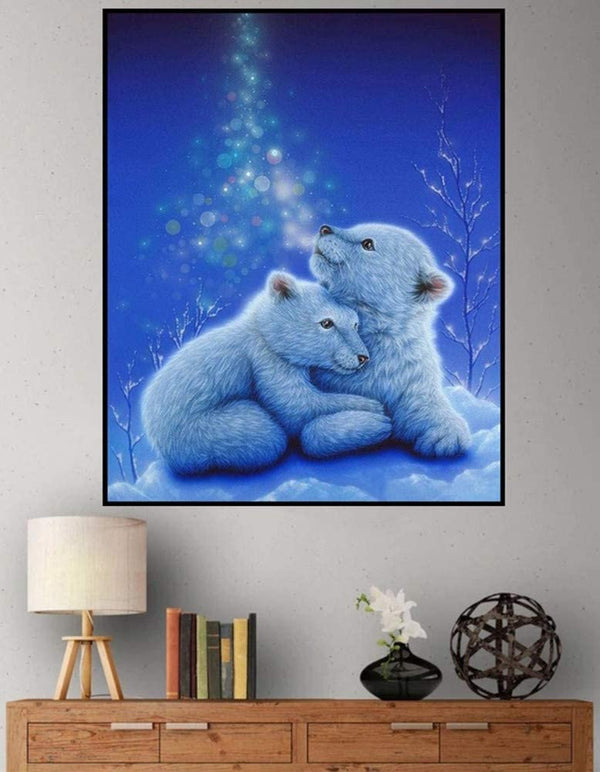 Polar Bear Cubs in Snow | Partial Drill Round Diamond 8&quot;x10&quot; | DIY 5D Diamond Art Full Drill Embroidery Painting Kit | Home Wall Art Décor