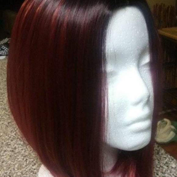 Wine Red Shoulder Length Bob Full Wig | Synthetic Top Quality Heat Resistant Fiber | Human Hair Feel | Side Parting 14&quot;