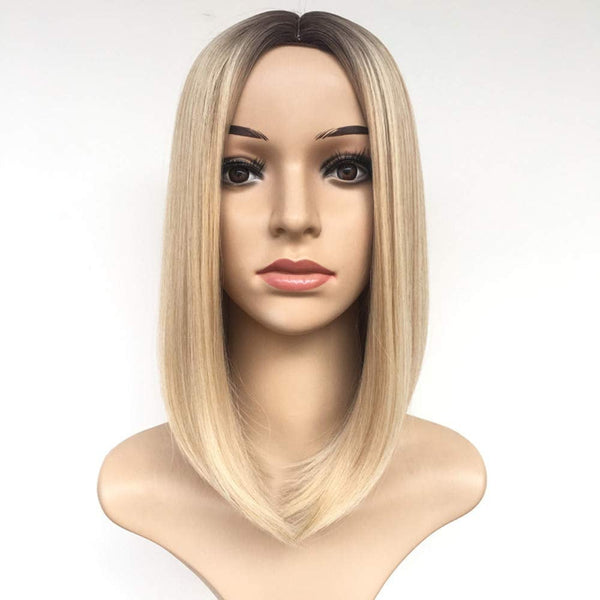 14” Two tone Ombre Ash Blonde Long Bob Synthetic Hair Wig | Top Quality Heat Resistant Fiber | Human Hair Feel | Delivery 3 to 5 Days
