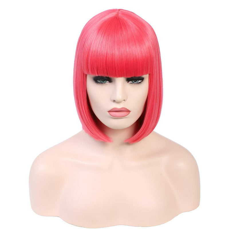 Bright Salmon Pink Straight Bob with Straight Bangs Hand Dyed Synthetic 12" Wig