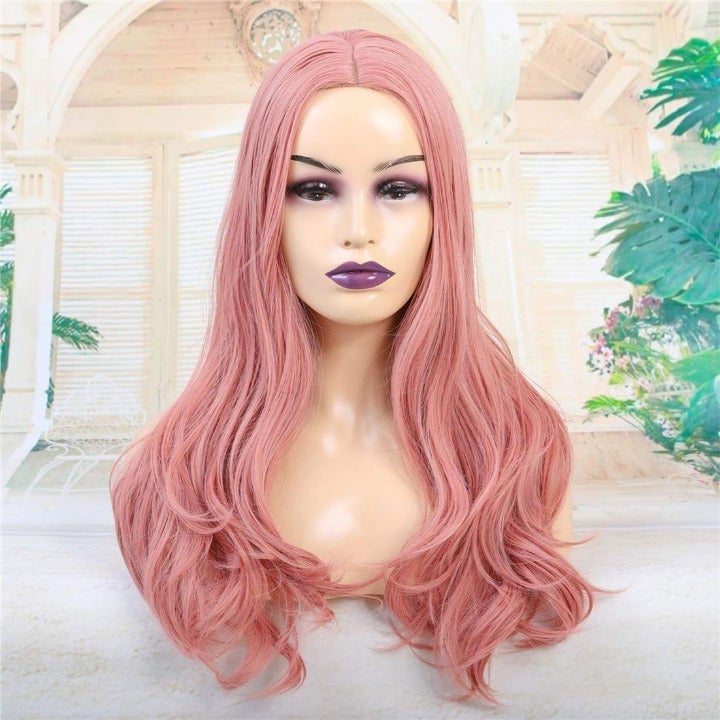 Rose Gold Pink, Graceful Natural Straight, Mermaid Replacement, 24" Soft Rose Pink Luxury Women Wig, Synthetic Heat Safe Fiber Wig for Women