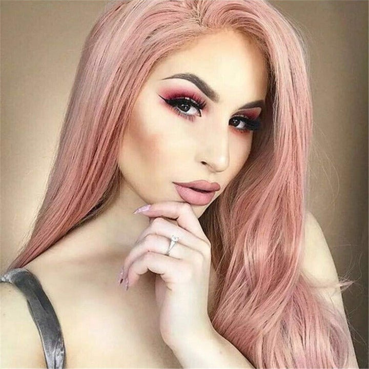 Rose Gold Pink, Graceful Natural Straight, Mermaid Replacement, 24" Soft Rose Pink Luxury Women Wig, Synthetic Heat Safe Fiber Wig for Women