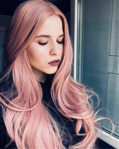 Rose Gold Pink, Graceful Natural Straight, Mermaid Replacement, 24" Soft Rose Pink Luxury Women Wig, Synthetic Heat Safe Fiber Wig for Women