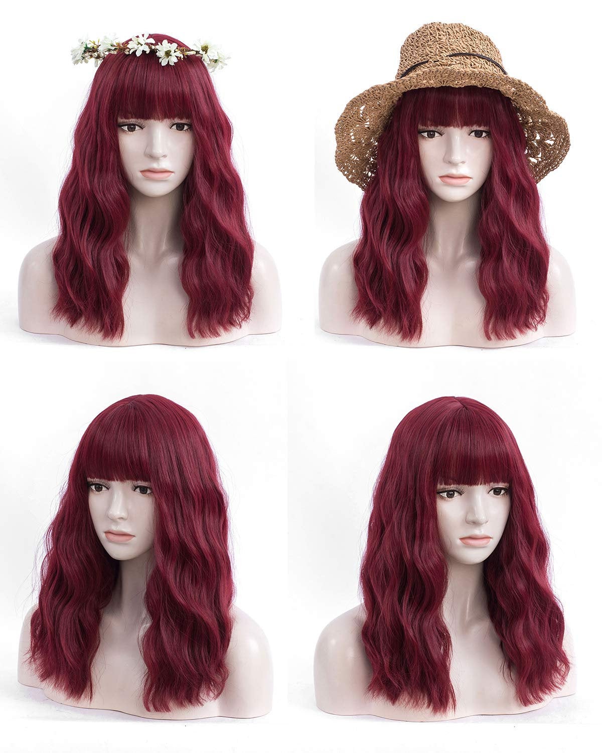 Wine Red 18” Long Wavy Wig with Bangs | Natural Looking | Premium Heat Resistant Synthetic Fiber | Perfect for Cosplay, Party or Daily Wear