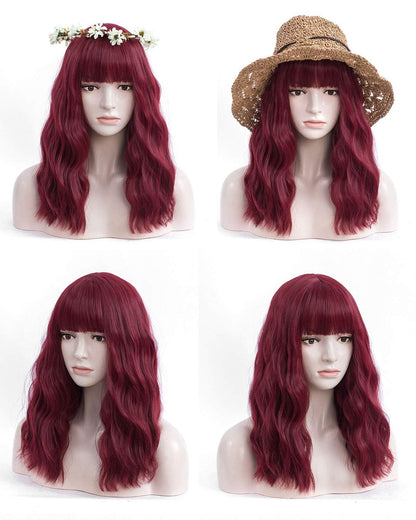 Wine Red 18” Long Wavy Wig with Bangs | Natural Looking | Premium Heat Resistant Synthetic Fiber | Perfect for Cosplay, Party or Daily Wear